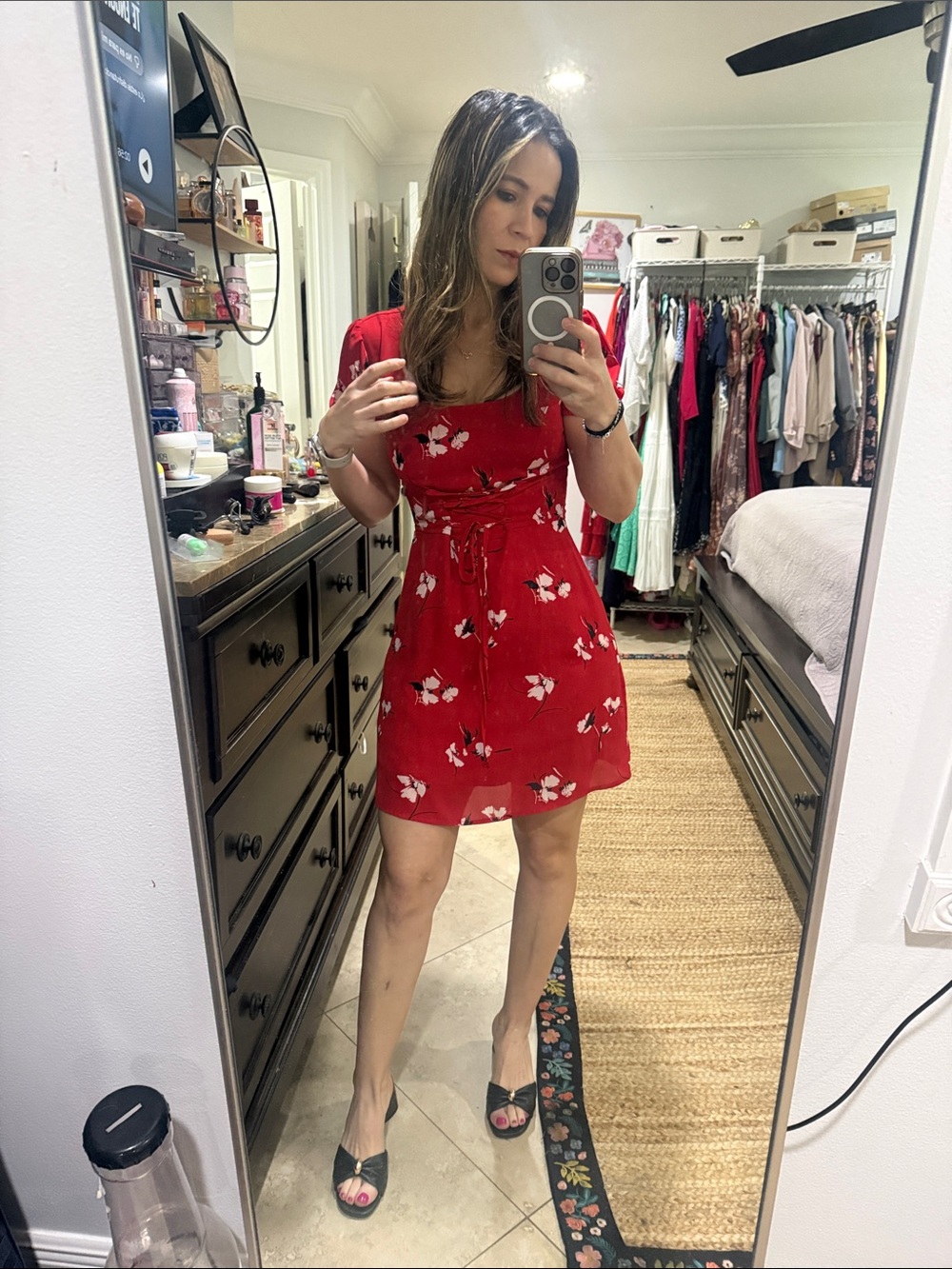 Abercrombie xs Floral Red Short Sleeve Tie-Waist Dress
